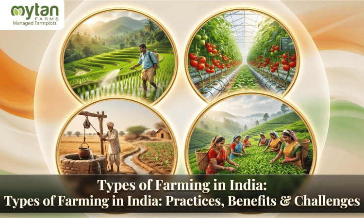 Thumbnail 5 – Seasonal Diversity Style (Four Seasons in One Frame) Image Prompt: A creative thumbnail divided into four quadrants showing India's farming diversity. Top-left: monsoon paddy plantation (bright green). Top-right: winter wheat harvesting (golden yellow). Bottom-left: summer fruit farming (mangoes and watermelons). Bottom-right: spring vegetable farming (tomatoes, brinjals, leafy greens). In each quadrant, a tiny white icon showing benefit (water drop, sun, rupee, heart). Center of the image has a circular white glow. Text placed beautifully in a semi-circular arch around the center glow, bold serif font, deep green color with white outline: "Benefits of Different Types of Farming in India". No spelling mistakes. Overall rich, colorful, and eye-catching.